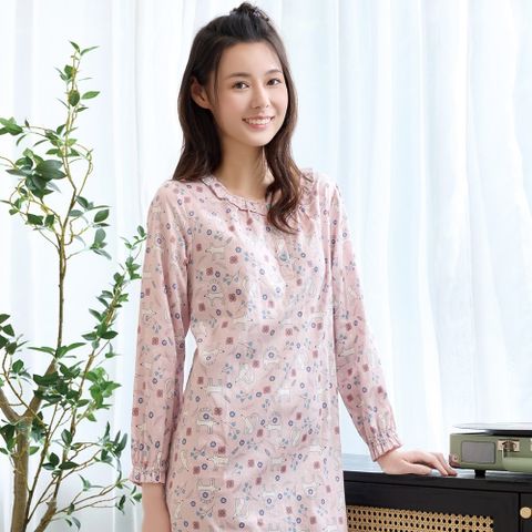 【華歌爾睡衣】仕女系列 M-L純棉印花洋裝(迷霧粉)-LWZ37133PI