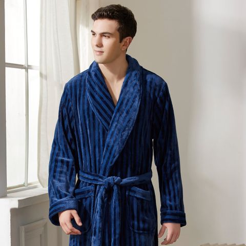 華歌爾睡衣-家居系列 M-LL男士法蘭絨直條絲瓜領外袍(皇室藍)-LRZ95633K1