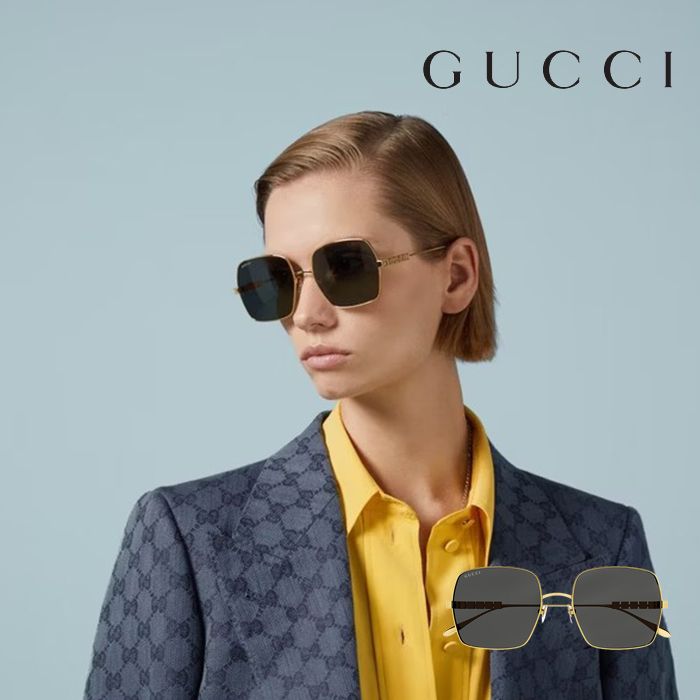 GUCCI 古馳  GG1434S 001 57mm 大鏡面 造型款太陽眼鏡 方框墨鏡 灰色鏡片/金框