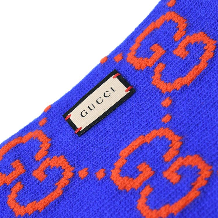 GUCCI 古馳  撞色雙G LOGO緹花羊毛流蘇長圍巾.藍/紅