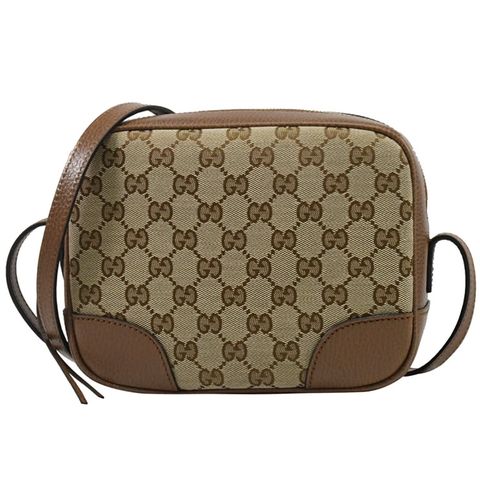GUCCI 449413 經典雙G緹花皮飾邊斜背小方包.駝/咖邊