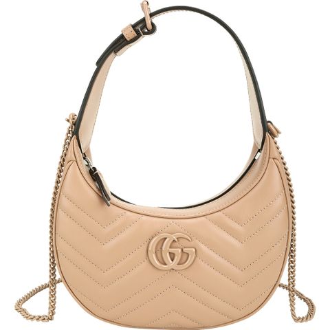 GUCCI GG Marmont 琺瑯標誌絎縫牛皮鍊帶肩背/斜背彎月包(玫瑰米)