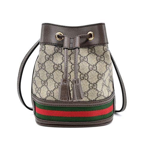 GUCCI 古馳 經典OphidiaGG印花帆布迷你水桶包(卡其棕)