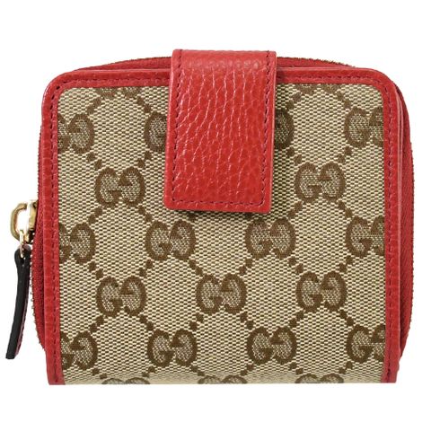 GUCCI 346056 經典雙G緹花皮飾邊扣式短夾.駝/紅