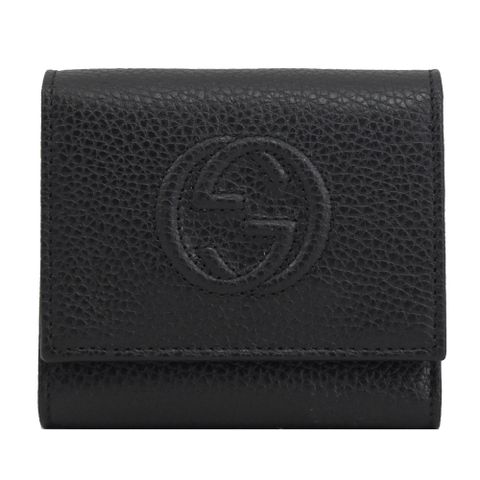 GUCCI 古馳 經典雙G LOGO牛皮三折零錢短夾.黑