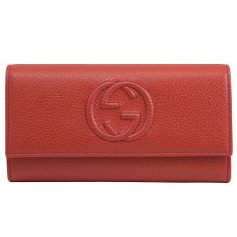 GUCCI 古馳 經典雙G LOGO牛皮扣式發財長夾.紅