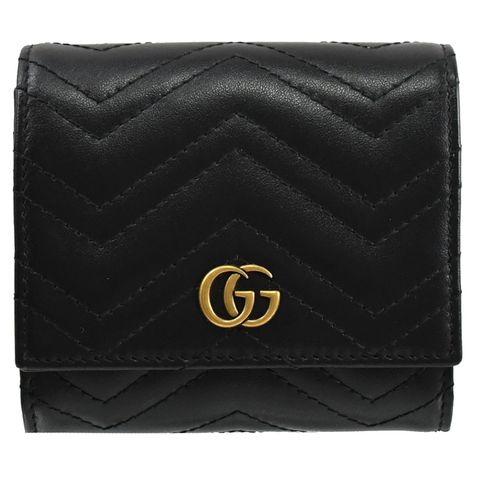 【福利品】GUCCI GG Marmont 金屬雙G三折式零錢短夾.黑