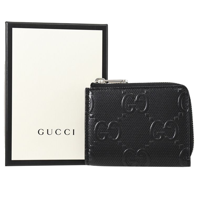 GUCCI 古馳  GG embossed 滿版LOGO牛皮卡片零錢包.黑