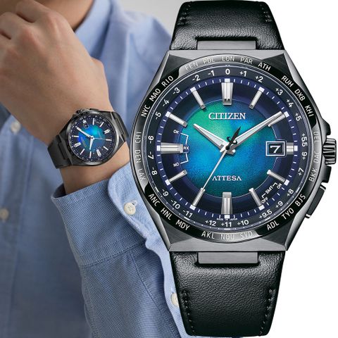 CITIZEN 星辰錶 ATTESA 系列 千彩之海 鈦金屬藍色光動能電波男錶-CB0215-18L