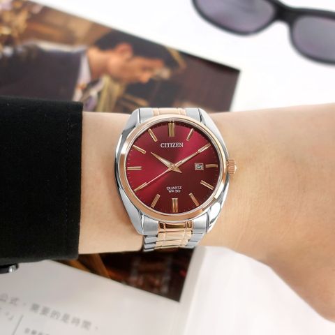 CITIZEN 星辰表 / BI5104-57X / 極簡時尚 礦石強化玻璃 日本機芯 日期 不鏽鋼手錶 紅x鍍玫瑰金 41mm