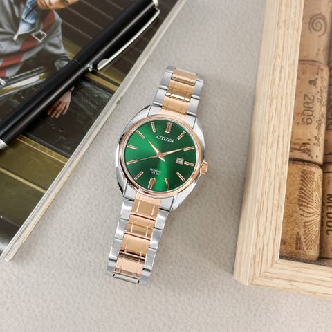 CITIZEN 星辰表 / BI5104-57Z / 極簡時尚 礦石強化玻璃 日本機芯 日期 不鏽鋼手錶 綠x鍍玫瑰金 41mm