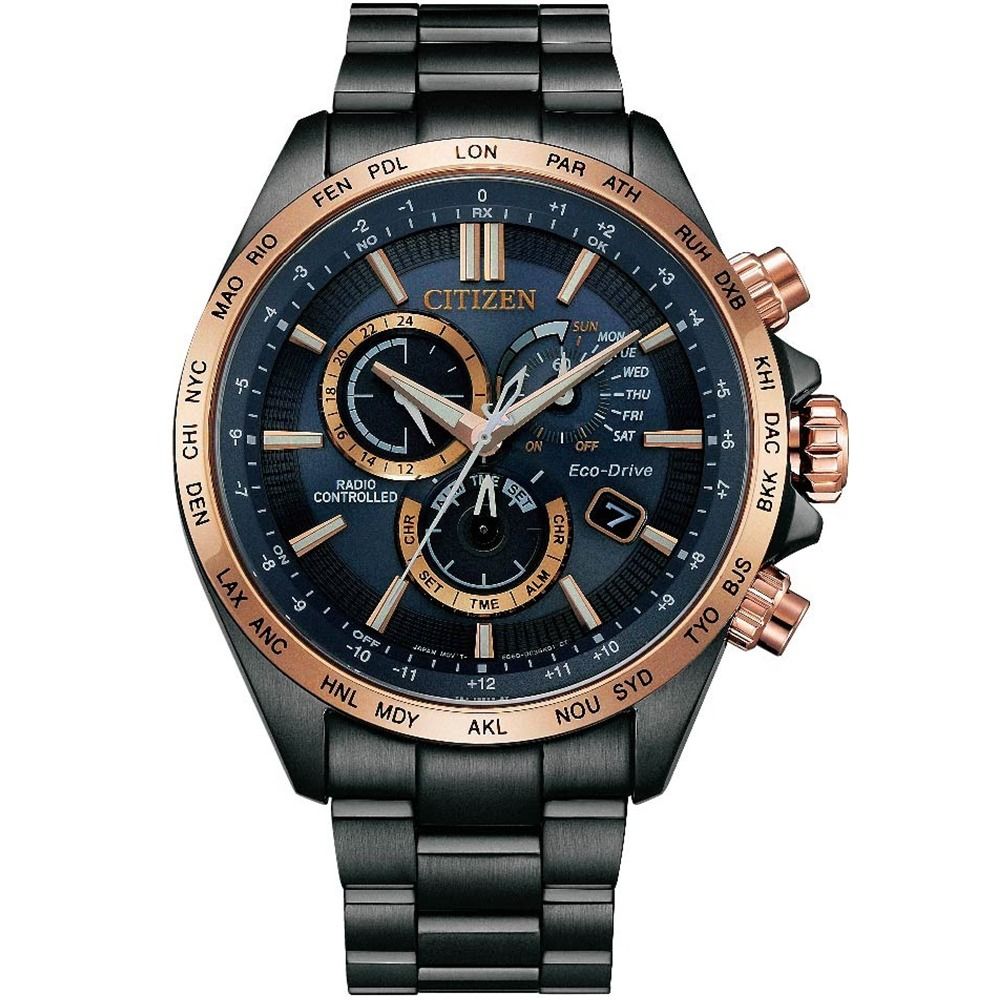 CITIZEN 星辰 亞洲限定款光動能電波對時萬年曆三眼計時錶/藍X黑/45mm/CB5956-89L