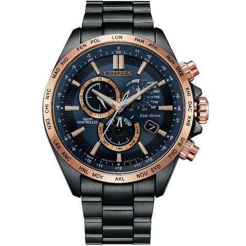 CITIZEN 星辰 亞洲限定款光動能電波對時萬年曆三眼計時錶/藍X黑/45mm/CB5956-89L