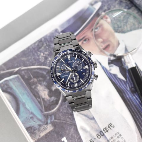 CITIZEN 星辰 表 /CB5967-66L /光動能 萬年曆 電波 藍寶石水晶玻璃 鈦金屬手錶 藍x鍍黑 42mm