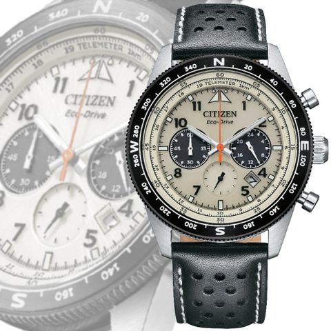 CITIZEN 星辰 Chronograph 光動能 碼錶計時三眼不鏽鋼腕錶-皮錶帶43mm(CA4559-13A 防水100米)