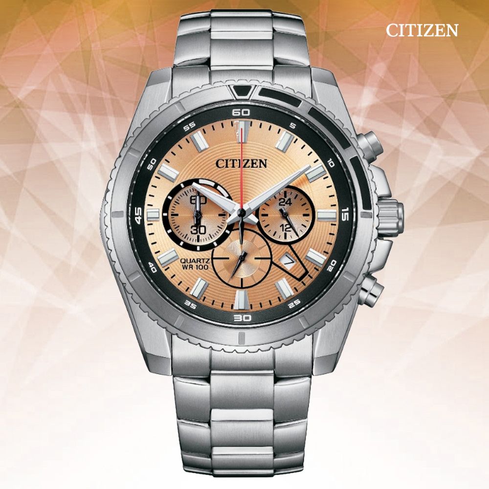 CITIZEN 星辰  Chronograph 碼錶計時 三眼不鏽鋼 男石英錶-玫瑰金44mm (AN8200-50X 防水100米)