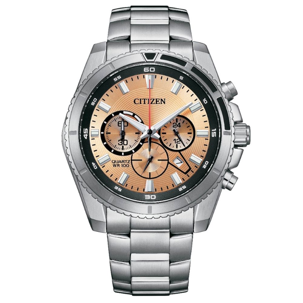 CITIZEN 星辰  Chronograph 碼錶計時 三眼不鏽鋼 男石英錶-玫瑰金44mm (AN8200-50X 防水100米)