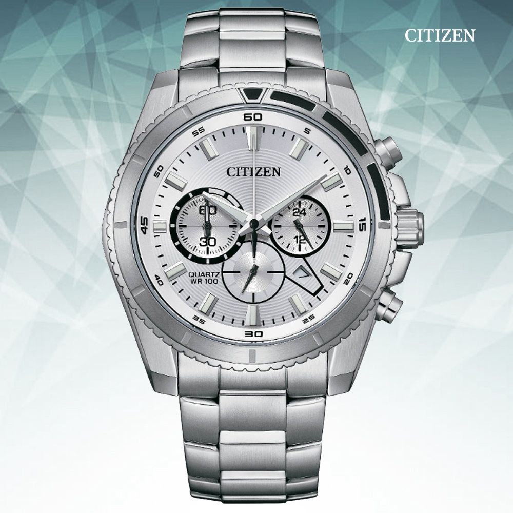 CITIZEN 星辰  Chronograph 碼錶計時 三眼不鏽鋼 男石英錶-銀白44mm (AN8200-50A 防水100米)