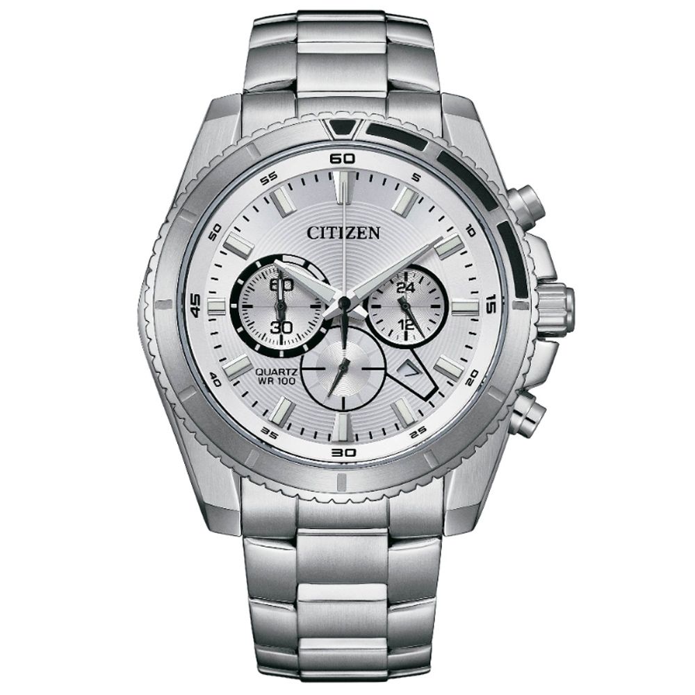 CITIZEN 星辰  Chronograph 碼錶計時 三眼不鏽鋼 男石英錶-銀白44mm (AN8200-50A 防水100米)