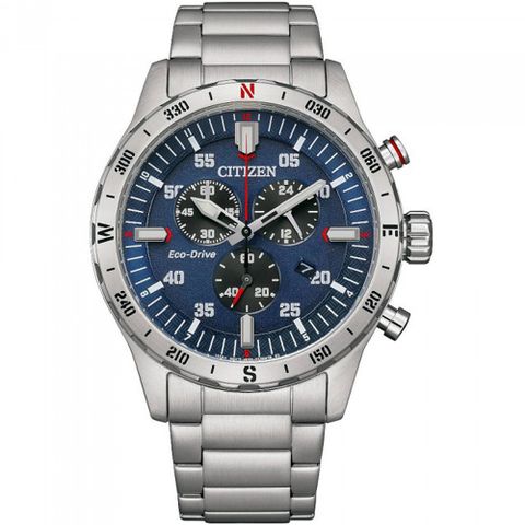 CITIZEN 星辰 光動能軍事風三眼計時錶/藍X銀/43.5mm/AT2520-89L