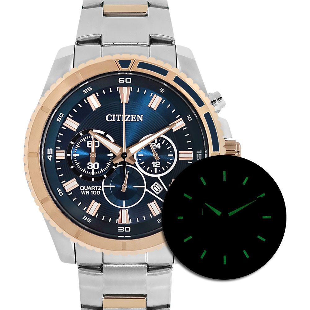 CITIZEN 星辰  表 / AN8206-53L / 經典商務 三眼計時 日期 防水100米 不鏽鋼手錶 藍x鍍玫瑰金 43mm