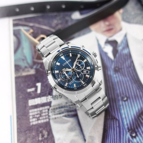 CITIZEN 星辰表 / AN8201-57L / 經典商務 三眼計時 日期 防水100米 不鏽鋼手錶 藍色 43mm