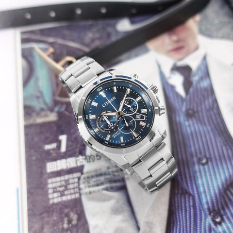 CITIZEN 星辰 表 / AN8201-57L / 經典商務 三眼計時 日期 防水100米 不鏽鋼手錶 藍色 43mm