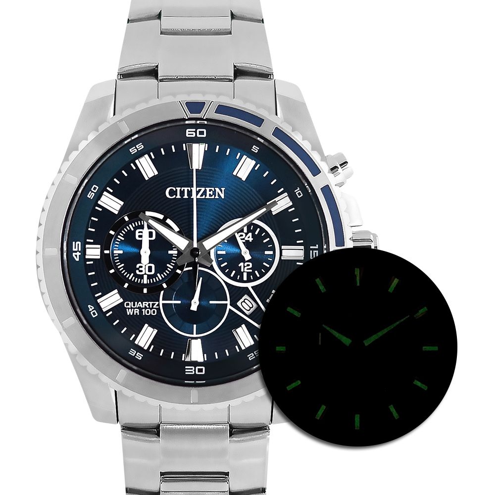 CITIZEN 星辰  表 / AN8201-57L / 經典商務 三眼計時 日期 防水100米 不鏽鋼手錶 藍色 43mm