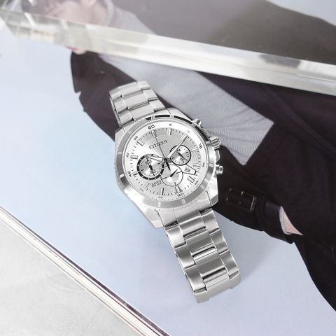 CITIZEN 星辰表 / AN8200-50A / 三眼計時日期防水100米不鏽鋼手錶 銀色 43mm