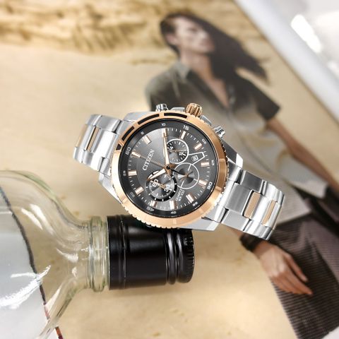 CITIZEN 星辰表 / AN8204-59H / 三眼計時日期防水100米不鏽鋼手錶 灰x鍍玫瑰金 43mm