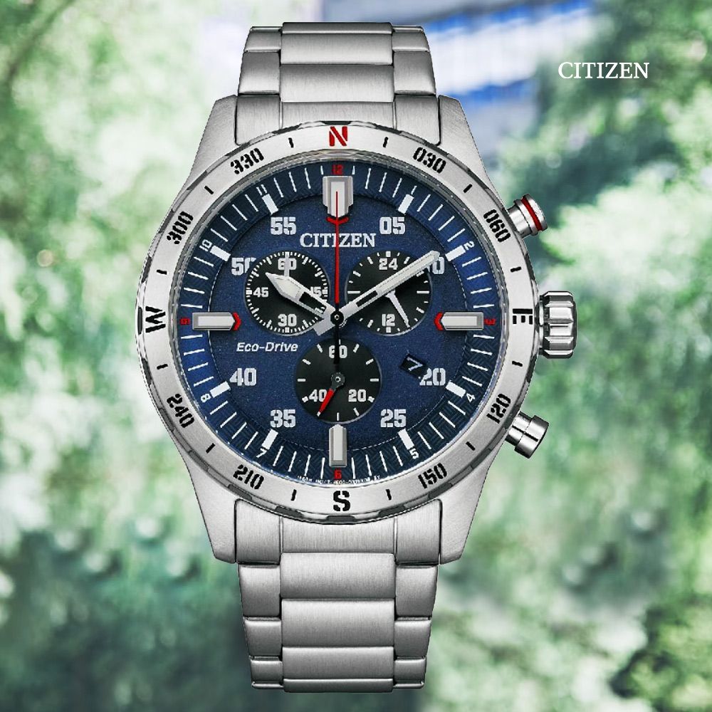 CITIZEN 星辰   Chronograph 光動能 計時碼錶三眼不鏽鋼腕錶-藍43.5mm(AT2520-89L 防水100米)