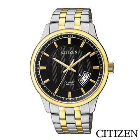 CITIZEN 星辰 黑面不鏽鋼雙色錶帶石英男仕手錶-BI1054-80E