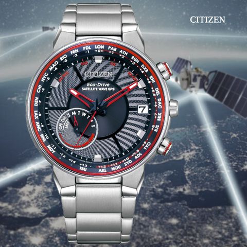 CITIZEN 星辰 GENTS 光動能 GPS衛星對時 萬年曆紳士腕錶-紅44mm(CC3031-51E 防水100米)