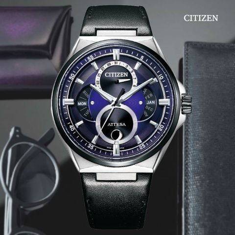 CITIZEN 星辰 GENTS 光動能 鈦金屬月相潮男腕錶-皮錶帶 藍面42mm (BU0066-11W 防水100米)
