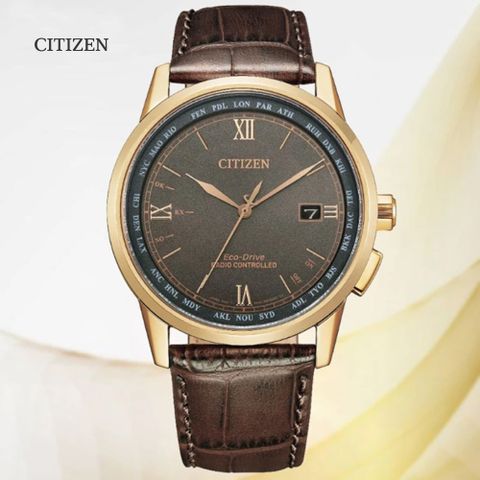 CITIZEN 星辰 GENTS 光動能 電波對時 萬年曆紳士腕錶-棕色皮錶帶 42.7mm (CB0158-10H 防水100米)