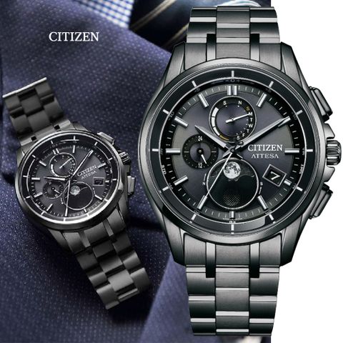 CITIZEN 星辰 GENTS 韋禮安配戴 光動能 輕量鈦金屬 月相電波對時腕錶-黑41.5mm(BY1006-62E 防水100米)