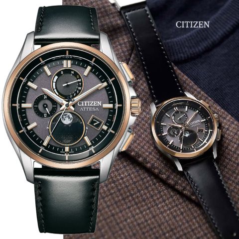 CITIZEN 星辰 GENTS 光動能 輕量鈦金屬 月相 電波對時腕錶-皮錶帶41.5mm(BY1004-17X 防水100米)