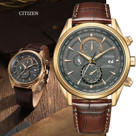 CITIZEN 星辰 GENTS 光動能 碼錶計時 電波對時腕錶-金色43mm(AT8263-10H 防水100米)