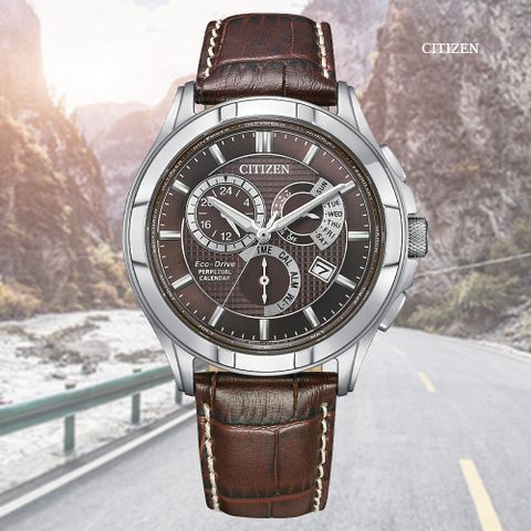 CITIZEN 星辰 GENTS 光動能 萬年曆不鏽鋼腕錶-棕色 皮錶帶42mm(BL8160-07X)