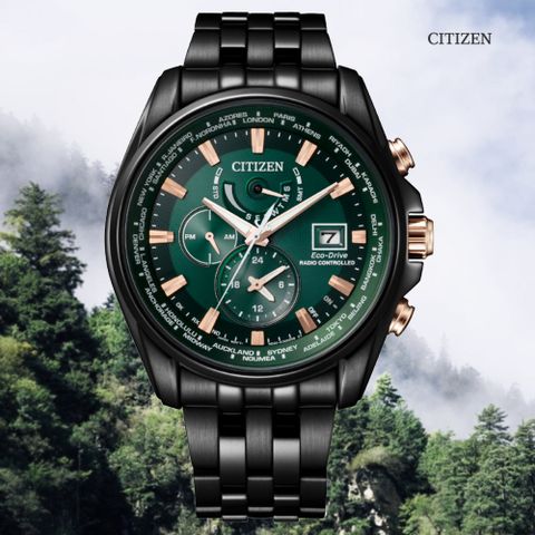 CITIZEN 星辰 GENTS廣告款 光動能 電波對時不鏽鋼腕錶-綠44mm(AT9128-87X 防水200米)