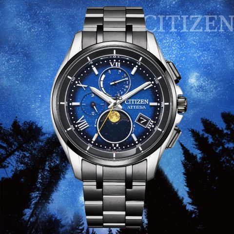 CITIZEN 星辰 GENTS 夜川月 星空藍 光動能電波對時 月相鈦金屬腕錶-41.5mm(BY1007-60L 防水100米)