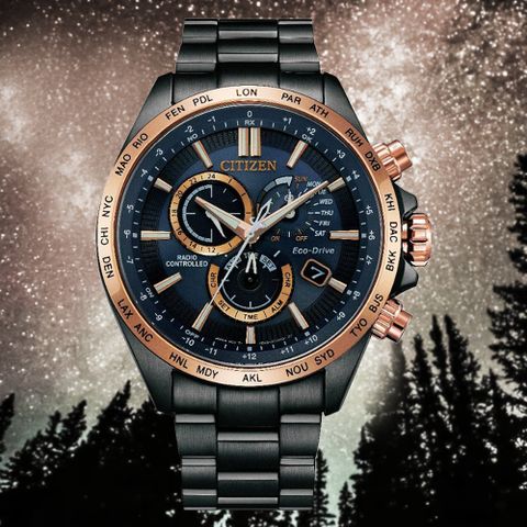 CITIZEN 星辰 GENTS 亞洲限定款 星空藍 光動能電波對時 碼錶計時腕錶-45mm(CB5956-89L 防水100米)