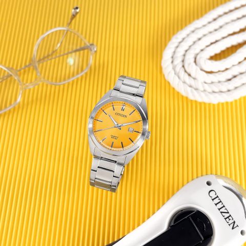 CITIZEN 星辰表 / BI5110-54Z / 極簡時尚 礦石強化玻璃 日本機芯 日期 不鏽鋼手錶 黃色 41mm