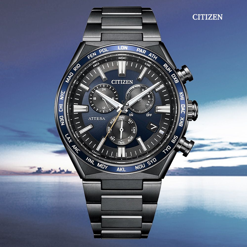 CITIZEN 星辰   GENTS 光動能 鈦金屬電波對時 碼錶計時腕錶-黑41.1mm CB5967-66L 防水100米