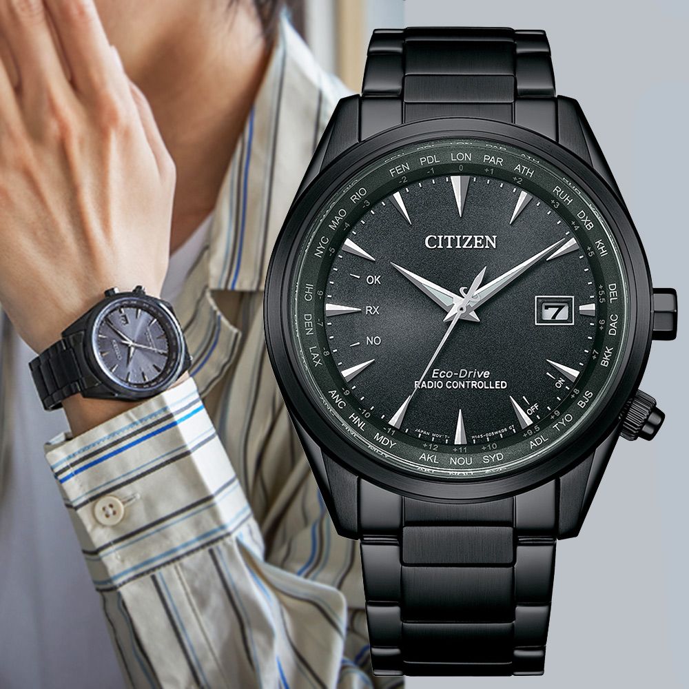 CITIZEN 星辰   GENTS 亞洲限定款 光動能 萬年曆 電波對時腕錶-黑43mm CB0275-83E