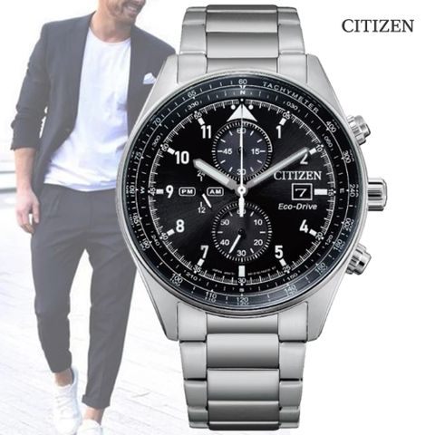 CITIZEN 星辰 Chronograph 光動能 碼錶計時 不鏽鋼潮男腕錶-黑色42.5mm (CA0770-81E 防水100米)