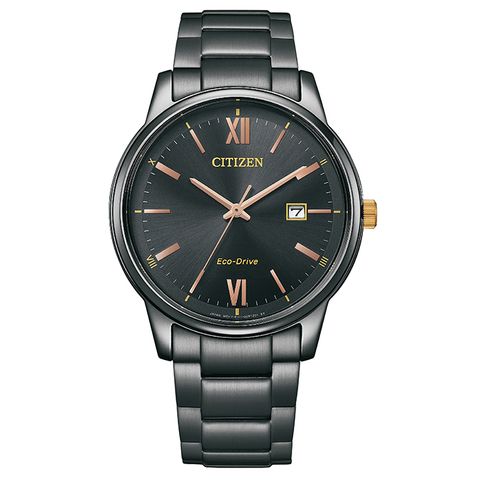 CITIZEN 星辰 Eco-Drive光動能 BM6976-72E 藍寶石鏡面 日期顯示 鋼錶帶男錶 黑/玫瑰金 40mm