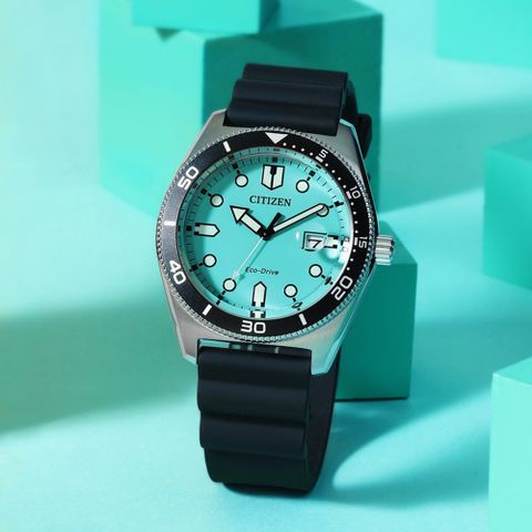 CITIZEN 星辰 光動能潛水風格潮流時尚腕錶/湖水綠/43mm/AW1760-14X