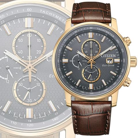 CITIZEN 星辰 Chronograph 光動能 碼錶計時三眼不鏽鋼腕錶-皮錶帶43mm CA0843-11H 防水100米