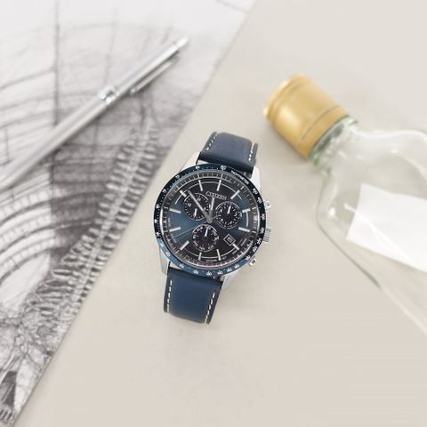 CITIZEN 星辰表 / BL5490-09M / 光動能 萬年曆 三眼計時 日本製造 日期 防水100米 小牛皮手錶 藍x銀框 40mm